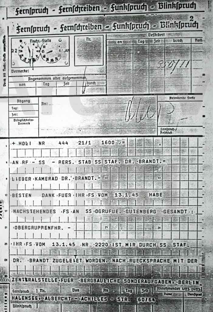 Telegramm von Hans Kammler an Dr. Brandt